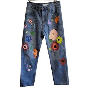 Misslook Hippie Floral Straight Leg Jeans Mid Rise Light Wash Size L